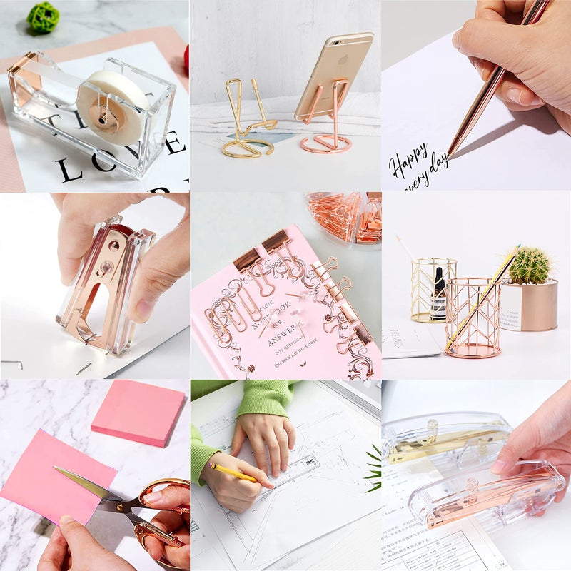 Famassi Rose Gold Office Supplies and Accessories  Acrylic Stapler  Staple Remover  Tape Holder  Ballpoint Pen  Scissor  Binder Clips  Staples  Phone Holder  Ruler  Transparent Glue and 300 Notes - Image 5
